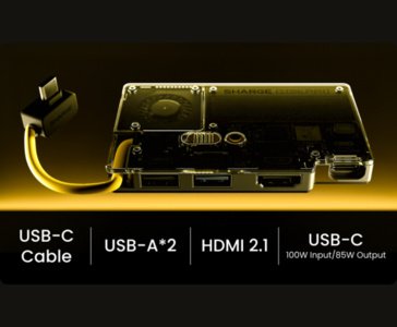 Przezroczysty przenośny dysk SSD Sharge Disk Pro z wbudowanym kablem USB-C, dwoma portami USB-A, HDMI 2.1 i USB-C z wejściem 100 W i wyjściem 85 W (Sharge via Kickstarter)