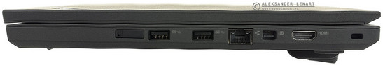 prawy bok: gniazdo SIM, dwa USB 3.0, LAN, mini DP, HDMI, zaczep na linkę blokady Kensingtona