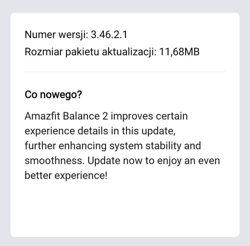 Informacje o wydaniu oprogramowania układowego smartwatcha Amazfit Balance 2 3.46.0.1