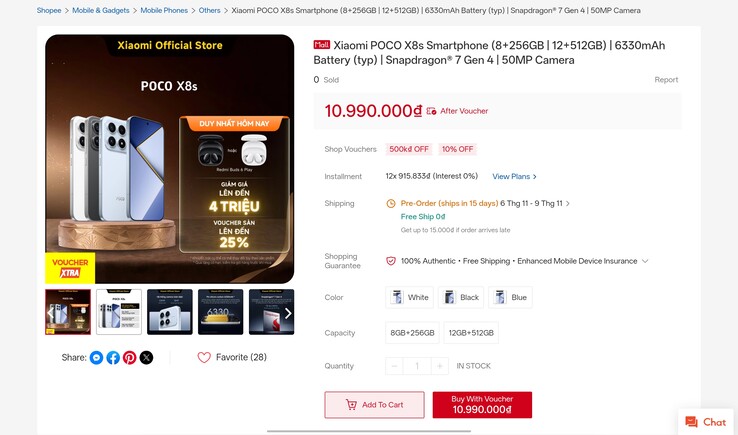 Oferta Poco X8s w postaci, w jakiej pojawiła się w oficjalnym sklepie Xiaomi na Shopee w Wietnamie