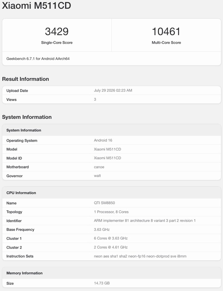 Wpis w serwisie Geekbench dotyczący rzekomego modelu Redmi K100 Pro.