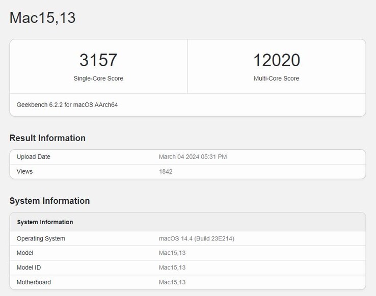 Wyniki benchmarku Geekbench 6 dla MacBooka Air z procesorem M3. (Źródło: Geekbench)