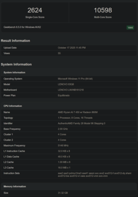 Zestawienie Geekbench Ryzen AI 7 450 (źródło obrazu: Geekbench)
