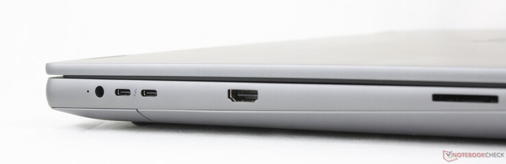 Po lewej: zasilacz sieciowy, 2x USB-C Thunderbolt 5 z DisplayPort 2.1 + Power Delivery (80 Gb/s), HDMI 2.1, czytnik kart SD