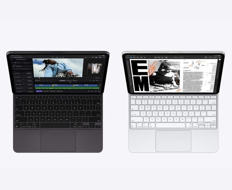 Apple modele iPada Pro M5 w kolorze kosmicznej czerni i srebrnym z klawiaturą Magic Keyboard, pokazujące aplikacje do edycji wideo i dokumentów na wyświetlaczu Ultra Retina XDR OLED (źródło zdjęcia: Apple)