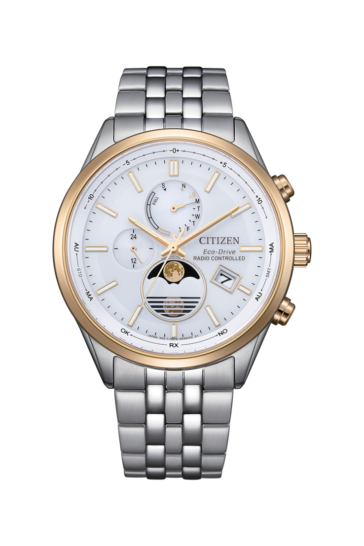 Zegarek Citizen BY1034-59A Eco-Drive z funkcją faz księżyca, wyposażony w białą tarczę oraz dwukolorową bransoletę ze stali nierdzewnej.