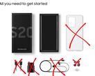 Zawartość opakowania detalicznego Samsung Galaxy przedstawiająca telefon, pudełko i etui, z przekreśloną ładowarką, kablem i słuchawkami