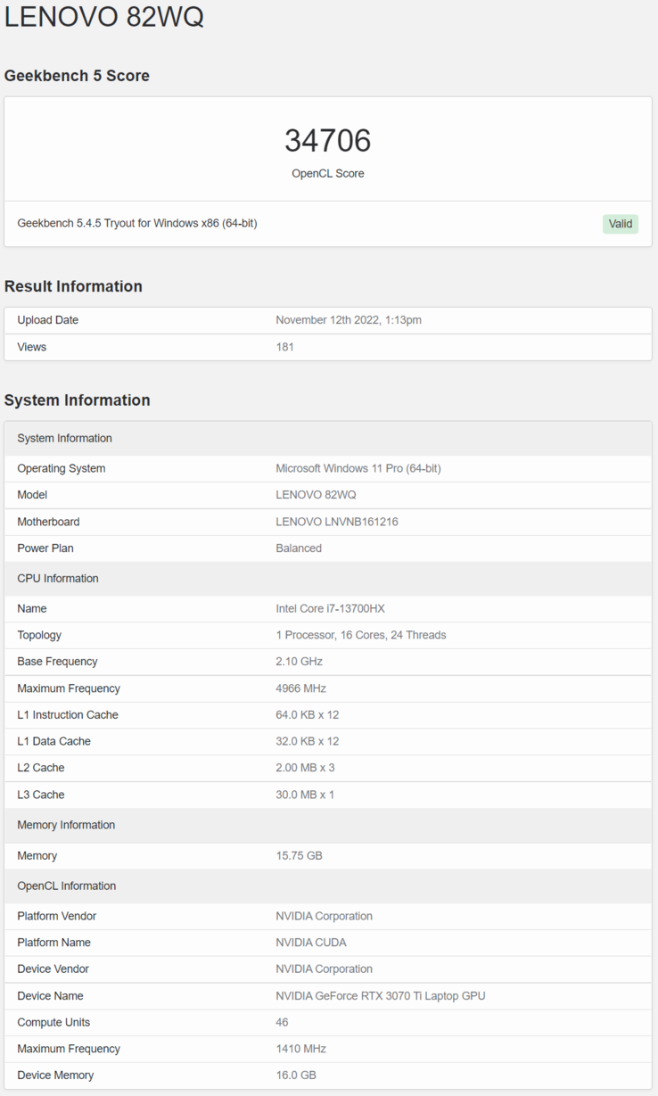 Intel Raptor Lake Core i7-13700HX w Lenovo IdeaPad 330 w Geekbench. (Źródło: Geekbench)