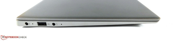 lewy bok: gniazdo zasilania, kontrolka stanu akumulatora/ładowania, USB 2.0, kontrolka stanu zasilania