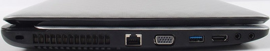 lewy bok: blokada Kensingtona, szczeliny układu chłodzenia, LAN, VGA, USB 3.0, HDMI, 2x audio