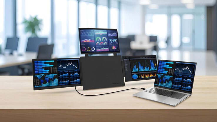 Zdjęcie przedstawia przenośny monitor Acer PD163Q podłączony do laptopa w trybie rozszerzenia ekranu. 