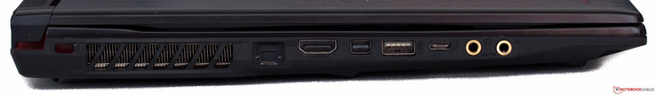 lewy bok: gniazdo blokady Kensingtona, LAN, HDMI, mini DisplayPort, USB 3.0, USB typu C, 2 gniazda audio