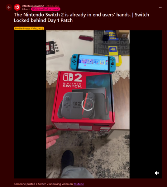 Nintendo Switch 2 unboxing wideo Reddit post (Źródło obrazu: Nintendo Switch 2 subreddit)