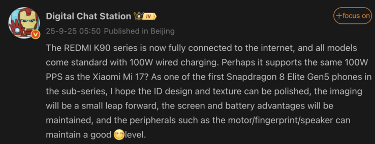 Wyciekły informacje o serii Redmi K90. (Źródło obrazu: Weibo - tłumaczenie maszynowe)
