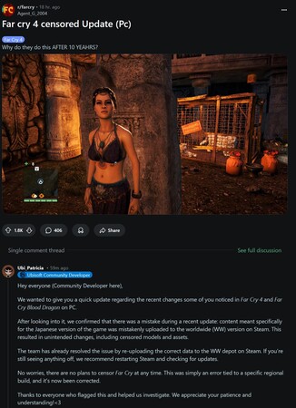 Post o cenzurze Far Cry 4 na Reddicie (źródło obrazu: zrzut ekranu, subreddit Far Cry 4)