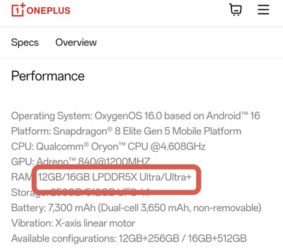 OnePlus 15 RAM