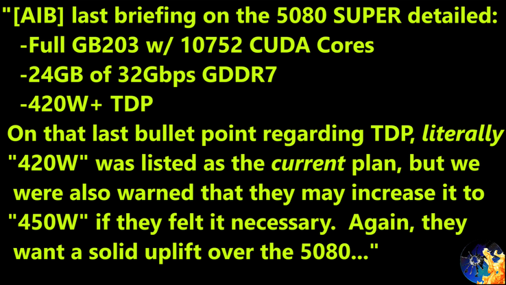 Wyciekły specyfikacje RTX 5080 Super. (Źródło obrazu: Moore's Law Is Dead na YouTube)