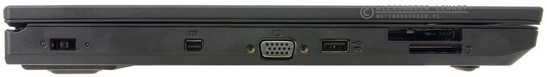 lewy bok: gniazdo zasilania, mini DisplayPort, VGA/D-Sub, USB 3.0, ExpressCard, czytnik kart pamięci