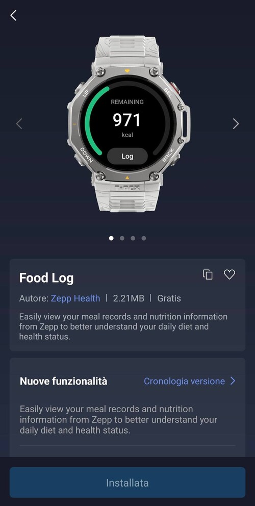 Zrzut ekranu nowej aplikacji Amazfit Food Log Mini. (Źródło zdjęcia: Matteo Calori via Amazfit Official Outdoor Community Facebook Group)