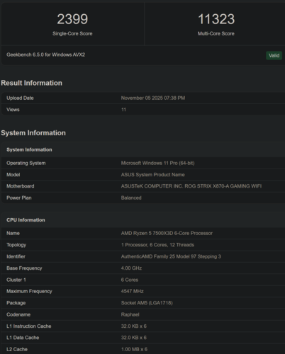 Wynik AMD Ryzen 5 7500X3D w Geekbench (źródło obrazu: Geekbench)