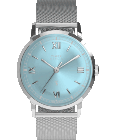 Zegarek Timex x Todd Snyder Marlin Mesh z tarczą w kolorze aqua blue z efektem promieni słonecznych oraz bransoletą typu milaneńskiego.