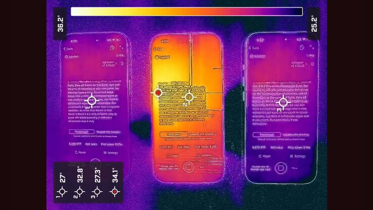 Apple wydajność chłodzenia iPhone'a 17 Pro (po lewej) vs iPhone'a 16 Pro (w środku) vs iPhone'a 17 (po prawej). (Źródło obrazu: Argmax)