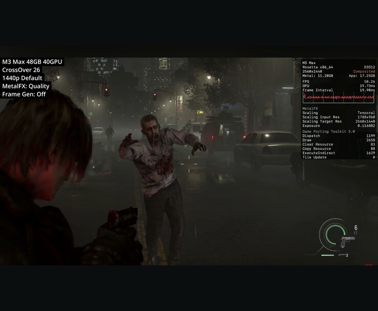 Resident Evil Requiem uruchomiony na M3 Max Mac przez CrossOver 26 przy 1440p z MetalFX Quality pokazującym około 50 FPS.