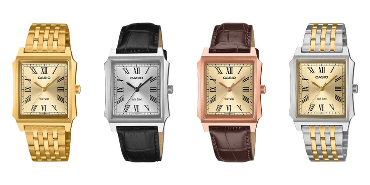 Od lewej do prawej: zegarki Casio MTP-B190G-9BV, MTP-B190L-7BV, MTP-B190RGL-9BV i MTP-B190SG-9BV