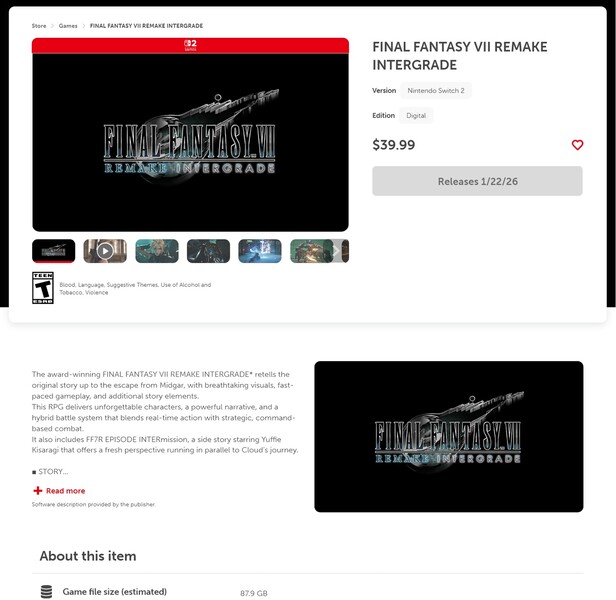 Final Fantasy 7 Remake Intergrade Nintendo eShop lista z rozmiarem pliku (Źródło obrazu: zrzut ekranu, Nintendo eShop)