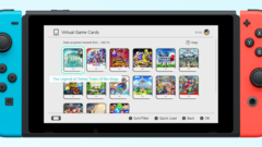 Menu Virtual Game Card w interfejsie Nintendo Switch wyświetlające popularne tytuły, takie jak The Legend of Zelda: Tears of the Kingdom, Splatoon 3 i Pokémon Scarlet. (Źródło obrazu: Nintendo)