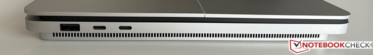 Lewa strona: USB-A 3.2 Gen.1 (5 Gb/s), 2x USB-C 4.0 z Thunderbolt 4 (40 Gb/s, DisplayPort-ALT-Mode 1.4, Power Delivery)