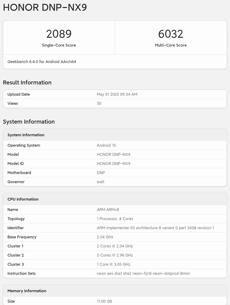 "Honor 400 Pro" w Geekbench.  (Źródło: Geekbench via Digital Chat Station)