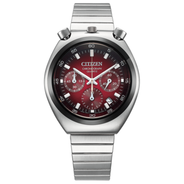 Widok z przodu zegarka Citizen Tsuno Chronograph AN3714-84Z, z czerwoną tarczą o gradientowym wykończeniu,