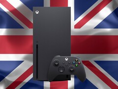 Xbox Series X widziany przed flagą Wielkiej Brytanii