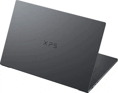 Dell XPS 16 pokazany od tyłu z ciemnym wykończeniem i logo XPS