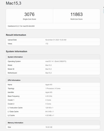 Apple M3 w teście Geekbench 6.2. (Źródło: Geekbench)