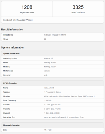 Nic Phone 3a Pro Geekbench listing (źródło obrazu: Geekbench)