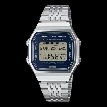 Casio ABL-100WE-2A z granatową tarczą i srebrną kopertą.