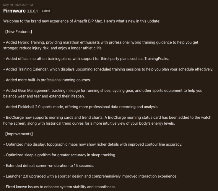 Informacje o wydaniu Amazfit Bip Max fw 3.8.0.1