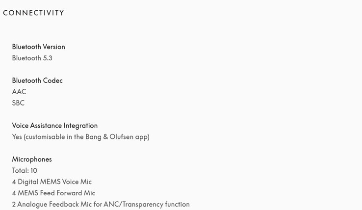 Amerykańska strona produktowa Bang &amp; Olufsen wymienia teraz tylko obsługę AAC i SBC. (Źródło zdjęcia: Bang &amp; Olufsen)