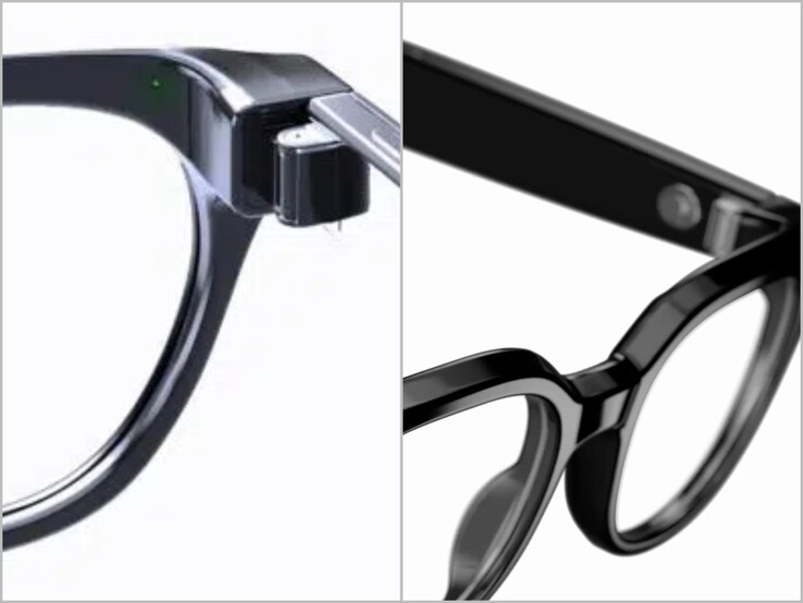 Wskaźnik LED po wewnętrznej stronie oprawki (po lewej) oraz zbliżenie na okulary Warby Parker z serii „ Galaxy ”.