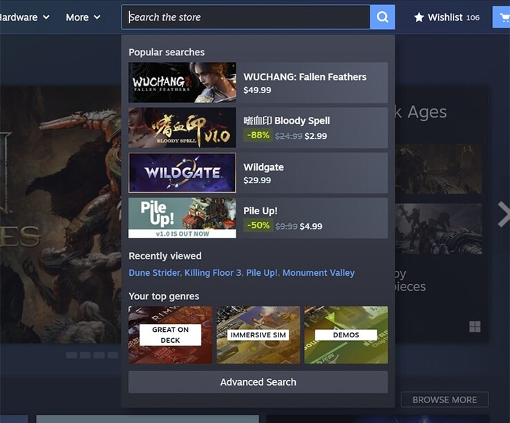 Nowa funkcja wyszukiwania wyświetla teraz również popularne zapytania od innych użytkowników. (Źródło obrazu: Steam)