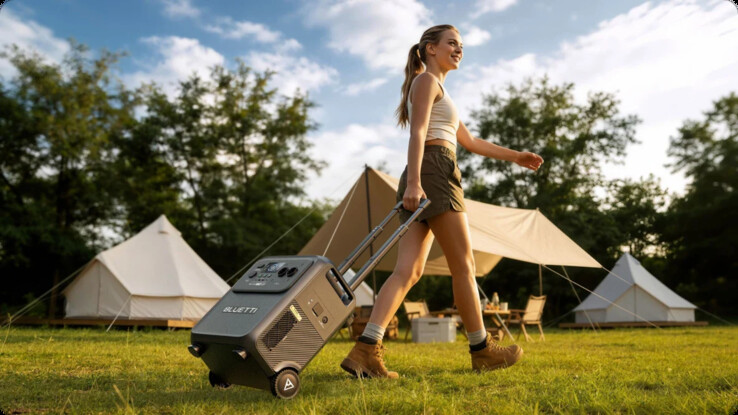 Teleskopowy uchwyt i kółka ułatwiają transport Bluetti Elite 400.