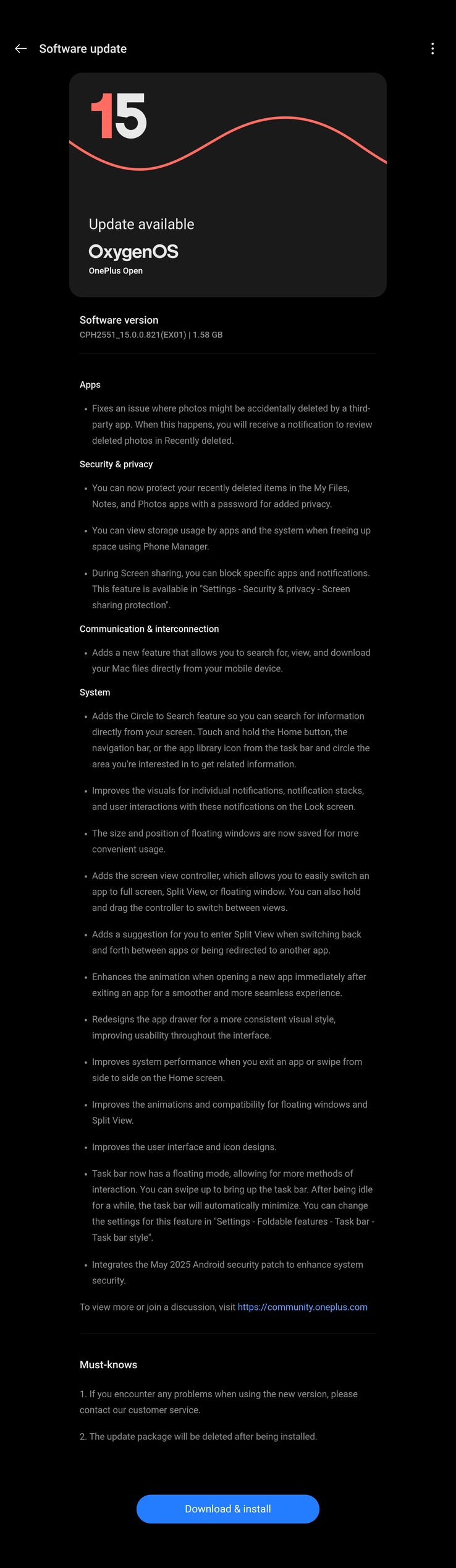 Pełny dziennik zmian OxygenOS 15.0.0.821. (Źródło: OnePlus)