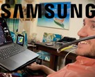 Pacjent firmy Neuralink korzystający z interfejsu mózg-komputer (BCI), z logo Samsunga u góry.