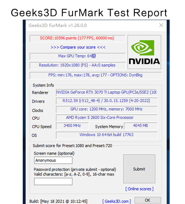 51Risc RTX 3070 TiM GPU - raport z testów FurMark. (Źródło obrazu: Aliexpress)