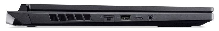 Lewa strona: Gigabit ethernet, USB 2.0 (USB-A), czytnik kart pamięci (MicroSD), gniazdo audio combo