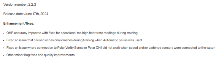 Informacje o wydaniu oprogramowania sprzętowego w wersji 2.2.3. (Źródło obrazu: Polar)