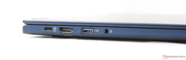 Lewa strona: USB-C 4.0 z Power Delivery + DisplayPort, HDMI 2.1, USB-A (5 Gbps), gniazdo zestawu słuchawkowego 3.5 mm