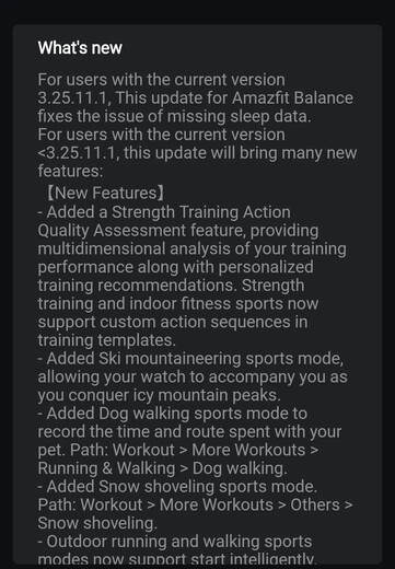 Dziennik zmian oprogramowania w wersji 3.25.12.3 dla smartwatcha Amazfit Balance. (Źródło obrazu: u/SabretoothPenguin via Reddit)